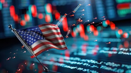 American Flag Surrounded by Stock Market Data and Graphs Representing Financial Trends and Economic Performance