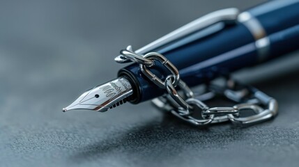 Fototapeta premium Elegant fountain pen with fine nib secured by a silver chain on a textured dark surface for creative writing and luxury moments