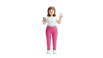 3D Woman Holding Phone and Showing Peace Sign