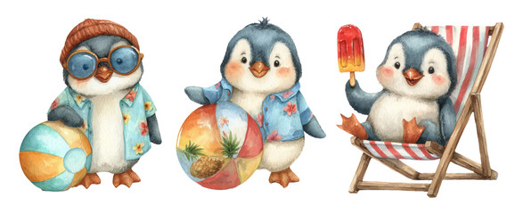 Obraz premium Cute Penguins in Bright Coastal Setting with Colorful Beach Accessories and Relaxation