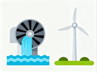 Flat vector illustration of natural renewable energy cycle, water turbine and wind turbine