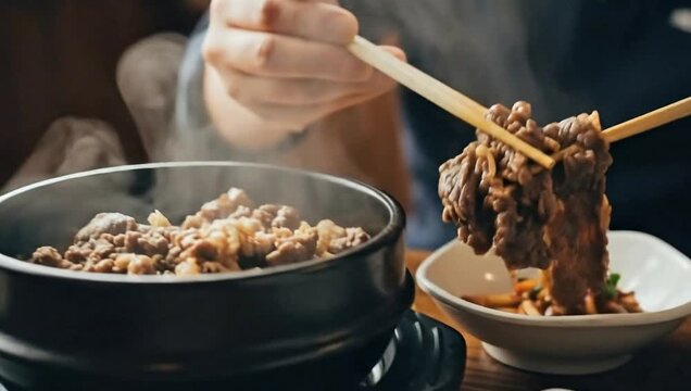 Person using chopsticks to pick up steaming hot meat from a bowl.
