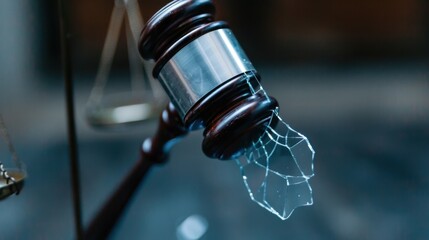 Obraz premium Broken gavel symbolizes justice failure and legal system flaws with a backdrop of scales in a court setting
