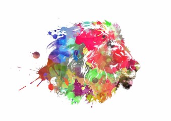 白背景にカラフルな水彩アートのライオンのイラスト