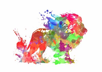 白背景にカラフルな水彩アートのライオンのイラスト