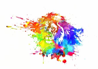 白背景にカラフルな水彩アートのライオンのイラスト