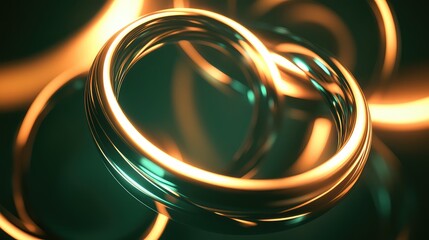 Shiny metallic rings twisting and rotating on a dark background, creating dynamic glowing light reflections and forming an intricate abstract pattern representing connection and movement