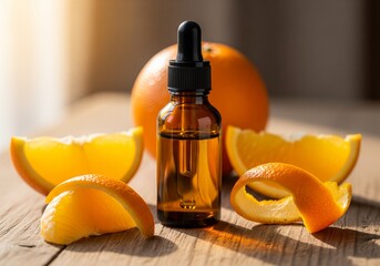 Natural orange oil in glass dropper bottle on wooden table 