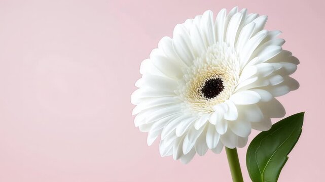 White gerbera daisy on blush pink backdrop, minimalist floral close-up with gentle sway and copy space
