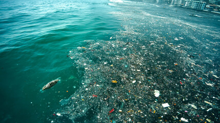 The ocean is full of floating trash and plastic waste. View from above. Concept of catastrophic water pollution