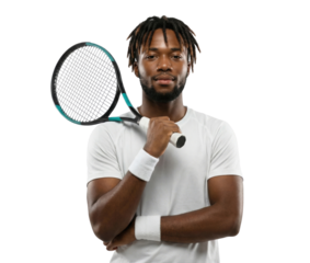 Confident male tennis player holding racket on white background