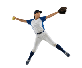 Female softball pitcher throwing ball isolated on white background