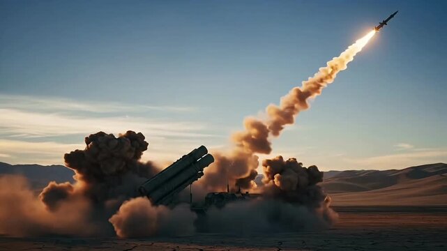 Missile defense system S400 launch showing powerful ground based launcher firing long range rocket in desert landscape with dust smoke and fire representing modern military security technology protect