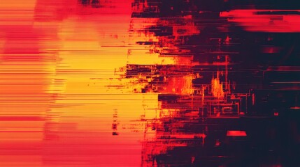 Abstract digital glitch background with horizontal lines and distorted pixels, vibrant yellow red gradient shifting to dark tones, evoking cyberpunk data disruption and motion