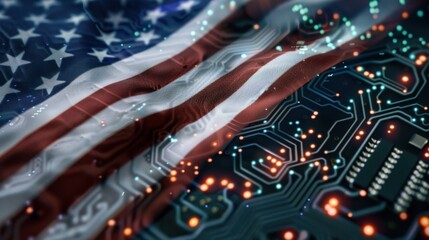 American Flag Overlaid on Circuit Board Design Symbolizing Technology and Patriotism