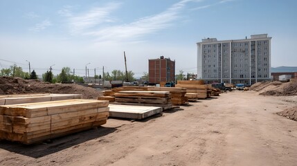 Fototapeta premium Construction site with stacks of lumber and unfinished buildings under a bright sky