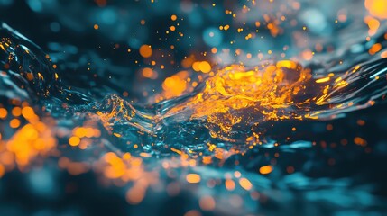 Abstract liquid surface depicting a wave motion, glowing orange particles reflecting light and scattering like dust over dark teal water, creating a dynamic, energetic background