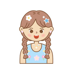 Cute Kawaii Cartoon Girl with Braided Hair and Blue Dress, Flat Illustration