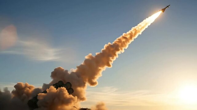 Missile defense system S400 launch showing powerful ground based launcher firing long range rocket in desert landscape with dust smoke and fire representing modern military security technology protect