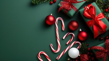 Festive Christmas Decorations with Green Background, Red Gifts, Candy Canes, Ornaments, and Evergreen Branches