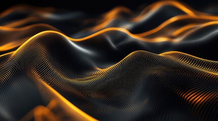 Abstract digital wave surface forming a dynamic background, featuring glowing orange particle trails cresting over dark, rippling forms, creating a sleek technology and energy concept
