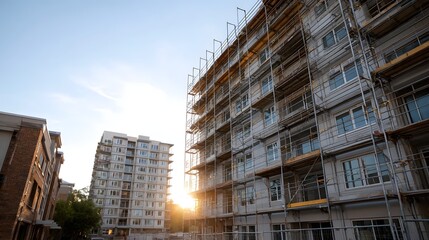 Construction site with scaffolding and unfinished buildings bathed in warm sunset light