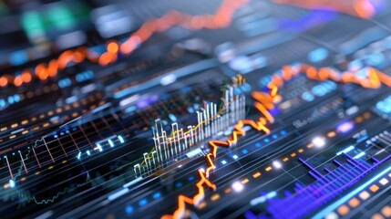 Abstract financial data visualization with colorful graphs, charts, and data trends on a digital interface for analytical purposes
