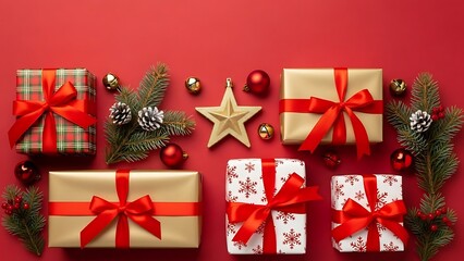 Christmas gifts wrapped with red ribbons on red background