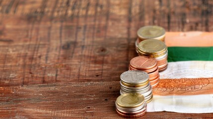 Stacks of Various Coins and Currency Notes on a Rustic Wooden Table with a Focus on Finance and Investment Concepts