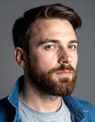 Obraz premium Close-up portrait of a young man with a beard and blue eyes wearing a denim shirt