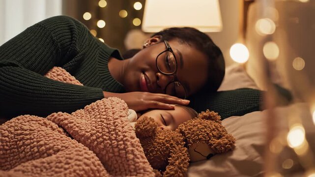 Smiling mother wearing glasses watches over her sleeping daughter tucked in bed with a teddy bear and soft blanket