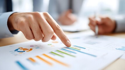 A focused view of business professionals analyzing financial charts and graphs on a desk signifying data driven decision making and collaborative strategy in a corporate environment