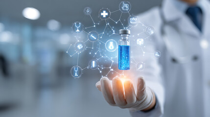 Doctor holding vial with medical network icons blue liquid medical icons