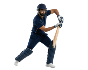 Cricketer in blue uniform playing batting shot isolated on white background