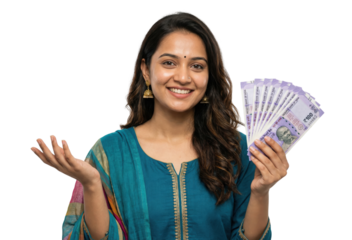 Smiling Indian woman holding fan of rupee banknotes on white background