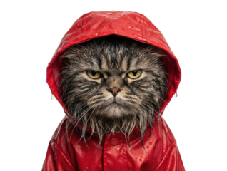 Wet angry cat wearing red raincoat hood on white background
