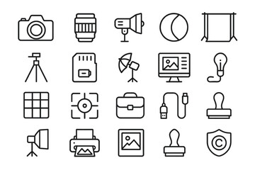 Photography equipment icons set: camera, tripod, microphone, lamp
