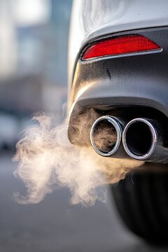 Tailpipe Emissions Close-Up of Vehicle Exhaust Releasing Gas and Smoke from Car Muffler in Action