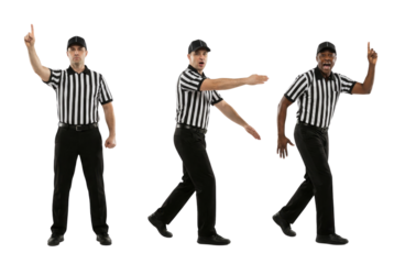 Three sports referees signaling calls in black and white uniforms on white
