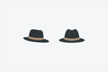 Minimalist flat illustration of two black fedora hats with brown bands shown from different angles on a clean white background. Classic fashion accessory concept with elegant and modern vector style.