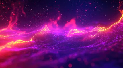 Abstract digital rendering showing vibrant purple pink and orange particles forming a dynamic, undulating landscape creating a futuristic wave of information and energy