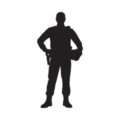 A silhouette of a man standing with hands on hips and holding a hat