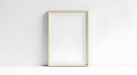 Minimalist blank vertical wooden frame leaning against a clean white wall for art or photos.