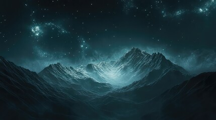 Vast mountain peaks with jagged textures illuminated by an ethereal glow and countless stars, creating an atmospheric, mysterious, and awe inspiring nocturnal scene
