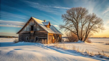 Rustic Wooden Barn in Winter Landscape at Sunset, Snow Covered Fields and Leafless Tree