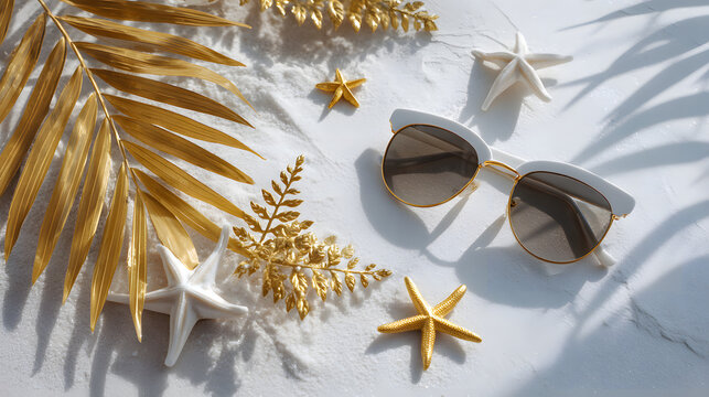 A stylish pair of sunglasses rests on a sandy surface, surrounded by golden palm leaves and starfish, evoking a tropical, beachy vibe.