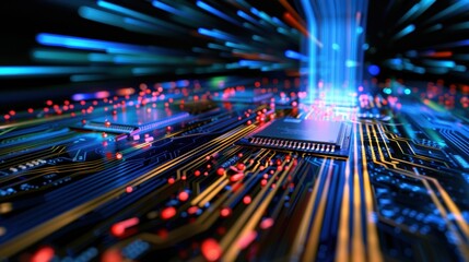 Fototapeta premium Abstract Digital Circuit Technology with Blue Light Rays and Red Particles on Microchip Design Background