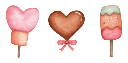 Whimsical Watercolor Cartoon Heart-Shaped Candy Illustrations for Romantic Themes