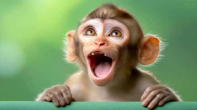 Wide-eyed baby monkey pops up and cycles funny surprised faces on soft green background, playful reaction clip