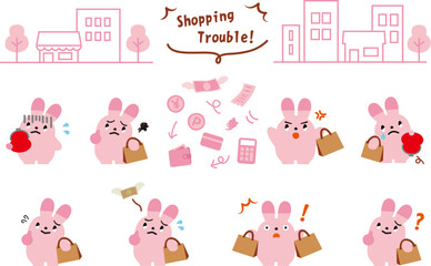 ピンクの線画の街とうさぎの“お買い物トラブル”リアクション素材セット（表情差分あり）